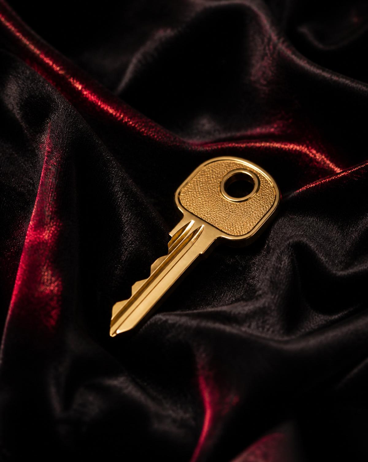 Gold key on velvet